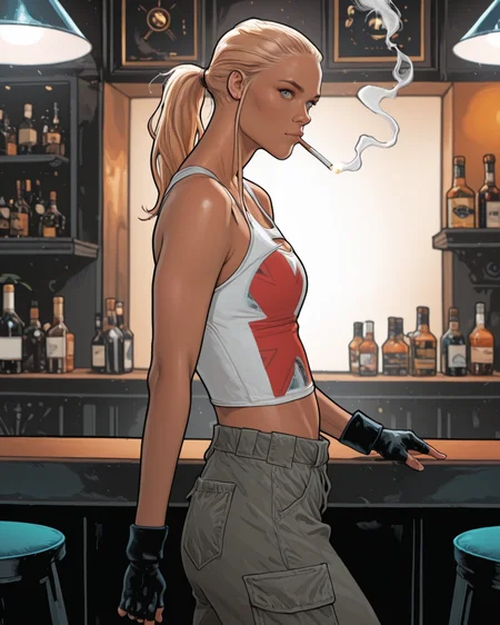 masterpiece, best quality, absurdres, perfect quality, absolutely eye-catching, <lora:JeffSpokesIllus:1> jspokes, <lora:JennySparksIllus:1> jennysparks, blonde hair, blue eyes, ponytail, sidelocks, tank top, clothing cutout, pants, fingerless gloves, midriff, solo, bar, leaning, looking at viewer, from side, smoking,