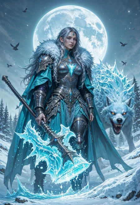A warrior of ice and vengeance, the Frostbound Valkyrie emerges from the frozen tundras clad in glistening armor forged from enchanted permafrost. Her braided silver hair carries the chill of eternal winter, and her breath fogs the air with each exhale. Her piercing ice-blue eyes shine with the determination of a thousand battles. In her hand, she wields a colossal frost-encrusted warhammer, its head shimmering with a frozen aura capable of shattering even the strongest defenses. A spectral wolf, composed of swirling snow and ice, stalks at her side, its eyes glowing with a feral light. Wherever she treads, frost blooms and the whispers of fallen warriors drift on the icy wind.