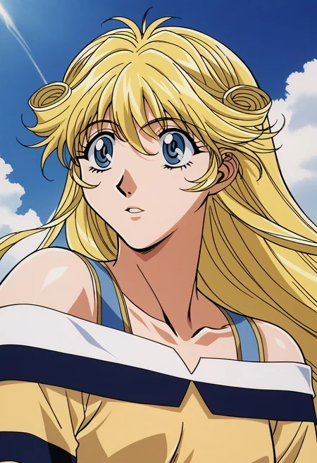 score_9_up, score_8_up, score_7_up, 1990S STYLE, RETRO ARTSTYLE, BREAK,
CLEAO EVERLASTING (1998), 1girl, solo, long hair, blue eyes, blonde hair, bare shoulders, upper body, parted lips, sky, day, cloud