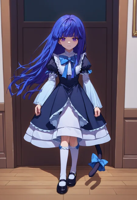 score_9, score_8_up, score_7_up, source_anime, 1girl, solo, frederica bernkastel, long hair, blue hair, purple eyes, black dress, frills, blue bow, white socks, mary janes, cat tail, <lora:BernCAMENoiise-000010:1>
