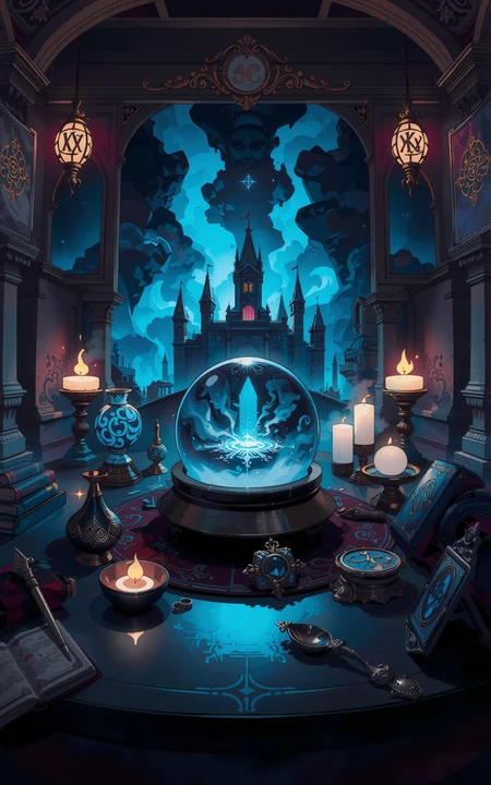 A magical table filled with mystical artifacts,at the center sits a glowing crystal ball. Inside the crystal ball,a dark,ominous ancient castle is vividly displayed,surrounded by swirling mist and faint glimmers of magical energy. The scene is rich in fantasy style,with intricate details,enchanted symbols carved on the table,and a dim,mysterious ambient light that enhances the magical atmosphere.,<lora:fca_style_3_4:1>,Flat colour anime style image showing,