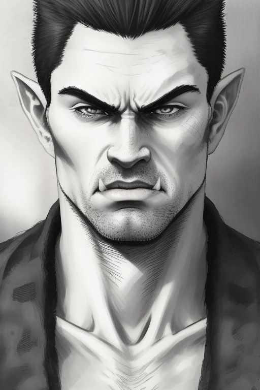 man, close up, angry, blue eyes, pointy ears, dark hair, short hair, Sketch, Manga Sketch, Pencil drawing, Black and White, Manga, Manga style, Low detail, Line art, vector art, Monochromatic, by katsuhiro otomo and masamune shirow and studio ghilibi and yukito kishiro