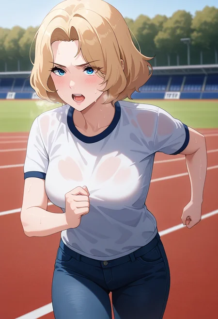 masterpiece, best quality, amazing quality, 1girl, solo, karenww, mature female, blue eyes, blonde hair, medium hair, medium breasts, t-shirt, jeans, <lora:Aldrin_Karen_Bravern_ill_v11:0.9>, looking ahead, serious, blush, open mouth, heavy breathing, steaming body, sweat, sweatdrop, running, outdoors, day, track and field, skindentation, detailed clothing folds, depth of field, sharp, high contrast, dynamic light