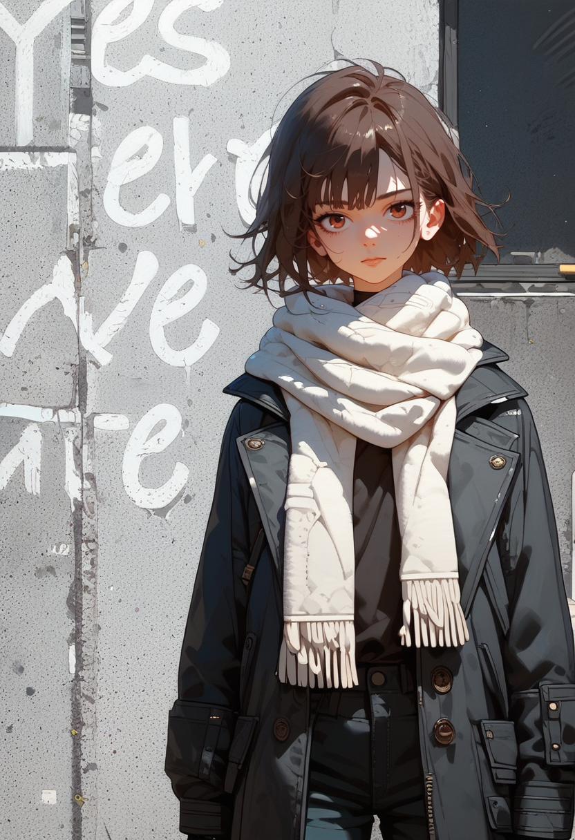 score_9, score_8_up, score_7_up, score_6_up, score_5_up, score_4_up, source_anime, 1girl, solo, 18yo, (slim face:1.5), (bangs:1.2), skinny, thin body, wide hips, thin thighs,
<lora:age_slider_v4:2> <lora:Expressive_H:1><lora:Kenva:0.8> <lora:naipf:0.6>
portrait,
front view,
from front,
outdoors, road, scarf, brown hair,  day, pants, short hair, pavement, jacket, solo focus, coat, white scarf, shoes, street,