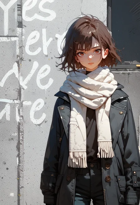 score_9, score_8_up, score_7_up, score_6_up, score_5_up, score_4_up, source_anime, 1girl, solo, 18yo, (slim face:1.5), (bangs:1.2), skinny, thin body, wide hips, thin thighs,
<lora:age_slider_v4:2> <lora:Expressive_H:1><lora:Kenva:0.8> <lora:naipf:0.6>
portrait,
front view,
from front,
outdoors, road, scarf, brown hair,  day, pants, short hair, pavement, jacket, solo focus, coat, white scarf, shoes, street,
