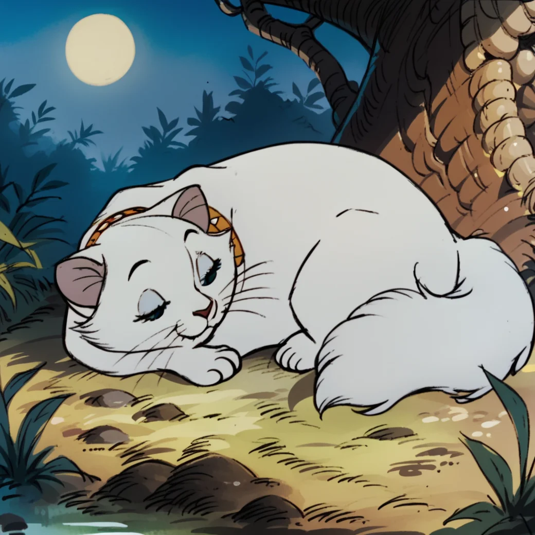 score_9, score_8_up, score_7_up, score_6_up, score_5_up, score_4_up, <lora:Duchessartistrocats:1>,1girl, duchesscat, solo, animal ears, closed mouth, outdoors, nature, tree, moon, collar, no humans, animal, animal focus, cat, white fur, cat ears, blue sclera, whiskers, body fur, lying down, sleeping, night time,