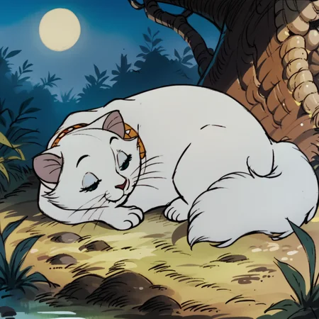 score_9, score_8_up, score_7_up, score_6_up, score_5_up, score_4_up, <lora:Duchessartistrocats:1>,1girl, duchesscat, solo, animal ears, closed mouth, outdoors, nature, tree, moon, collar, no humans, animal, animal focus, cat, white fur, cat ears, blue sclera, whiskers, body fur, lying down, sleeping, night time,