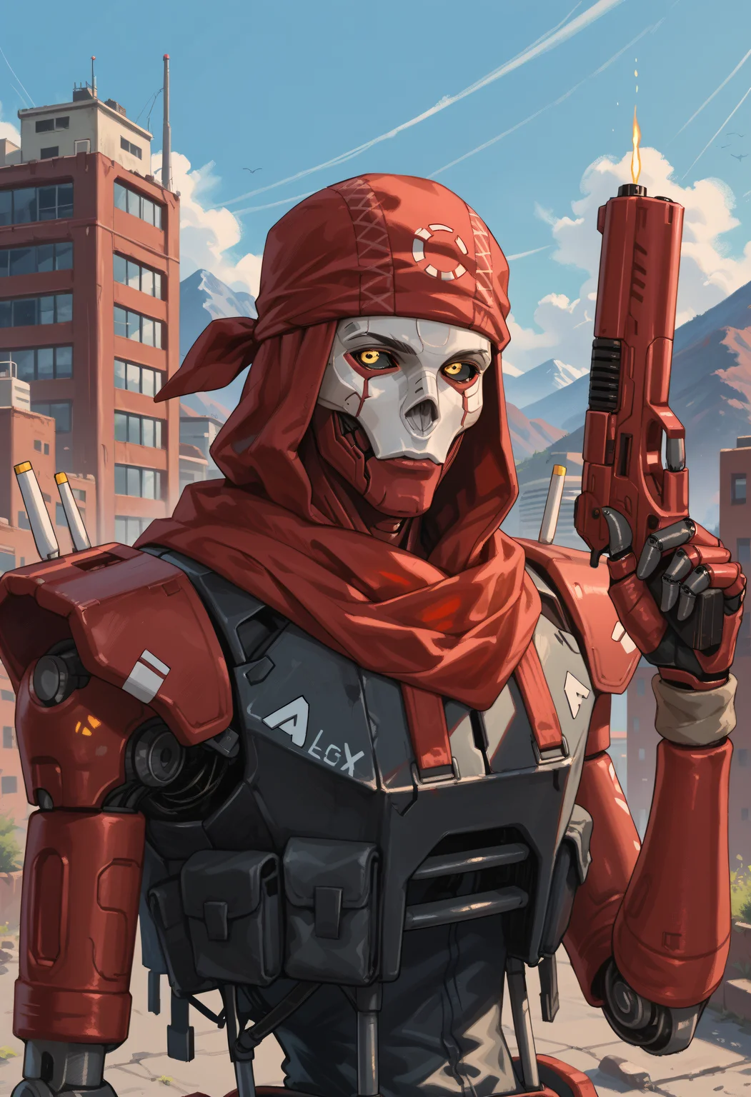 score_9, score_8_up, score_7_up, score_6_up, score_5_up, score_4_up, BREAK, revenantpdxl, humanoid robot, red bandana, robot, 1boy, solo, red scarf, black sclera, yellow eyes, upper body, looking at viewer, holding, holding gun, cyberpunk background, buildings, mountains <lora:Revenant:0.7>