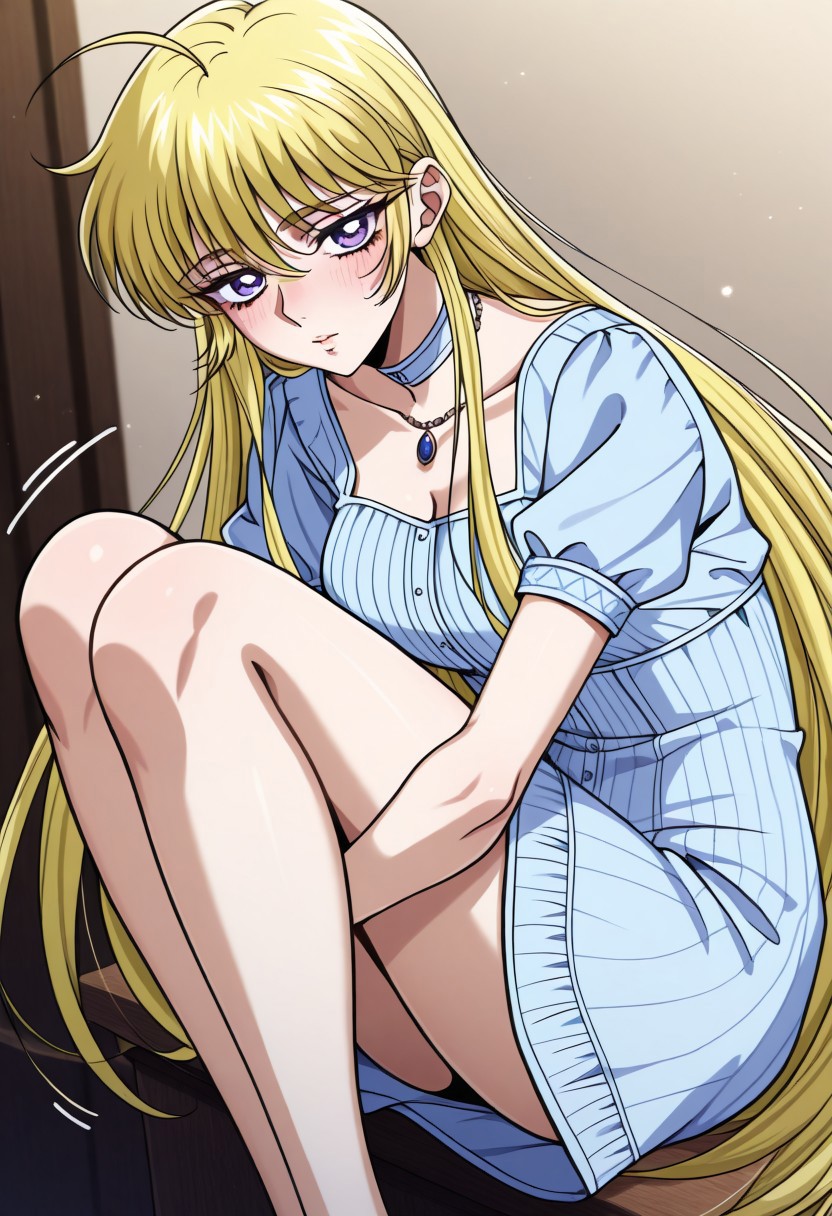 masterpiece, best quality, newest, highres, uncensored, 1girl, yokota mamoru style,1girl, slender face，motion lines,blush
Cecilia,Ahoge Hair, Blonde Hair, Waist Length Hair,Long Hair,Violet Eyes,Large Eyes,Choker,Slim
1 girl,solo,long hair,knees up,necklace,jewelry,standing,looking at viewer,front lens,20 years old <lora:add_detail:0.8>, <lora:Romantic Rosette dress2:0.75> Romantic Rosette dress2,