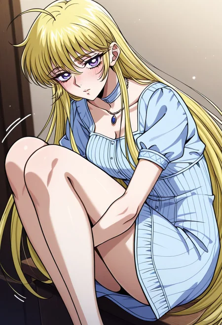 masterpiece, best quality, newest, highres, uncensored, 1girl, yokota mamoru style,1girl, slender face,motion lines,blush
Cecilia,Ahoge Hair, Blonde Hair, Waist Length Hair,Long Hair,Violet Eyes,Large Eyes,Choker,Slim
1 girl,solo,long hair,knees up,necklace,jewelry,standing,looking at viewer,front lens,20 years old <lora:add_detail:0.8>, <lora:Romantic Rosette dress2:0.75> Romantic Rosette dress2,