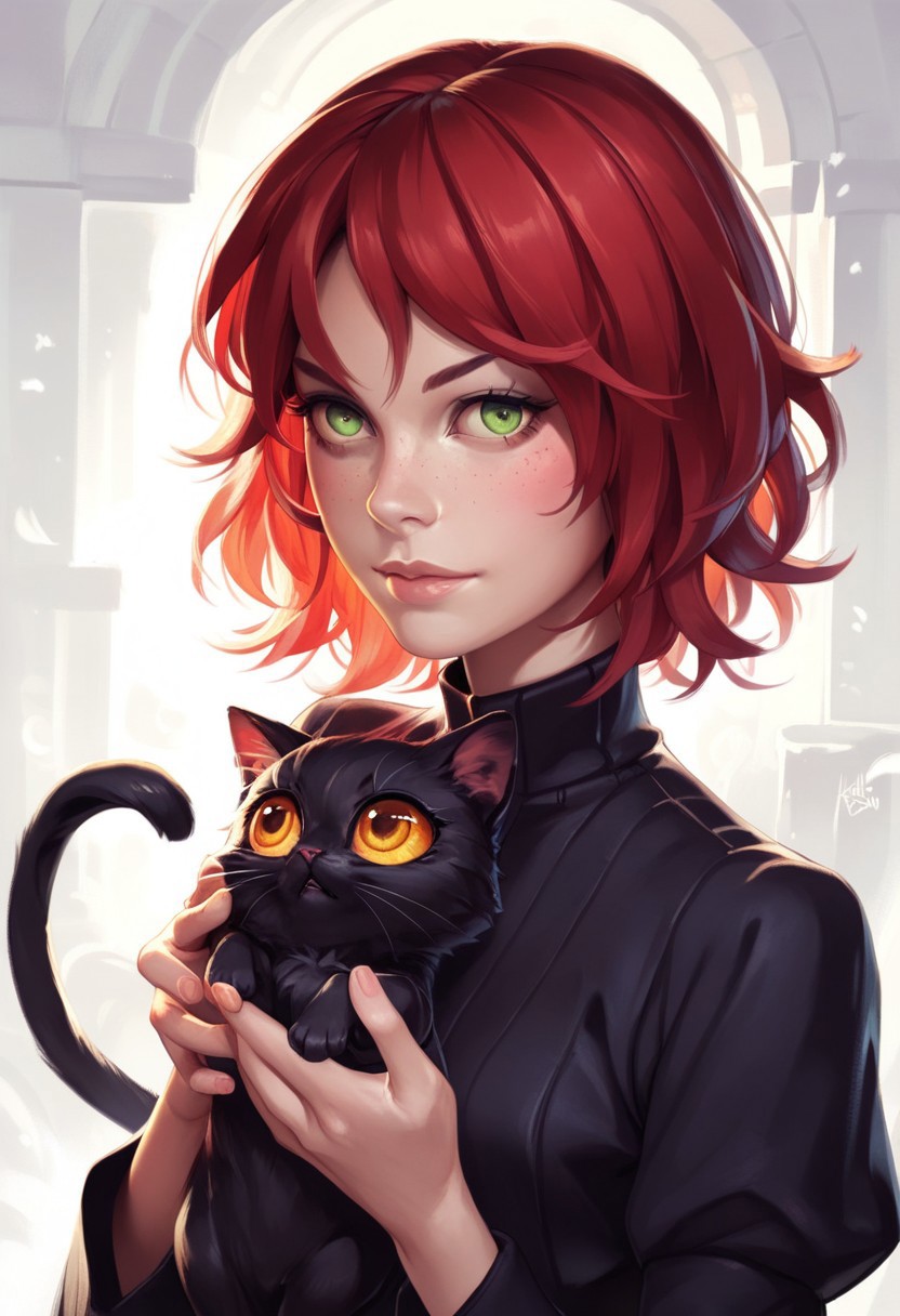 score_9, score_8_up, score_7_up, score_6_up, austr, anime, girl 18 years old, with freckles, cute, her face partly covered by a black cat's face. The girl has light green eyes, while the cat's large, golden eyes stare outwards. The lighting creates a soft, painterly effect, blending the features of the girl and the cat together. The cat’s dark fur contrasts against the girl's pale complexion and her red hair, creating a sense of surreal connection between the two. The overall tone is calm yet slightly mysterious, evoking a dreamlike atmosphere. Photorealistic, 8k, deep shadows,