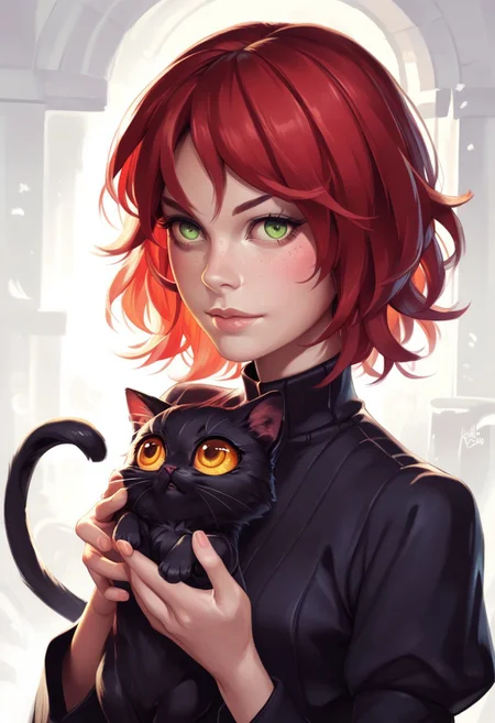 score_9, score_8_up, score_7_up, score_6_up, austr, anime, girl 18 years old, with freckles, cute, her face partly covered by a black cat's face. The girl has light green eyes, while the cat's large, golden eyes stare outwards. The lighting creates a soft, painterly effect, blending the features of the girl and the cat together. The cat’s dark fur contrasts against the girl's pale complexion and her red hair, creating a sense of surreal connection between the two. The overall tone is calm yet slightly mysterious, evoking a dreamlike atmosphere. Photorealistic, 8k, deep shadows,