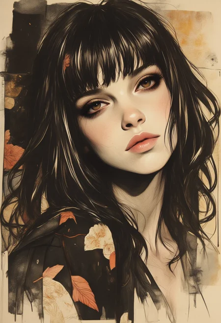 in the style of cksc, OBxiaoxiang, Inkplash art on rice paper, sepia, henna , inksketch, Silhouette Art, magnificent, dark background, inksplash portrait of stunning japanese woman, long dark hair with platinum streaks, sidelocks, bangs, seductive, sultry, lustful, red lips, direct gaze, light hitting one side of face, inksplash abstract background