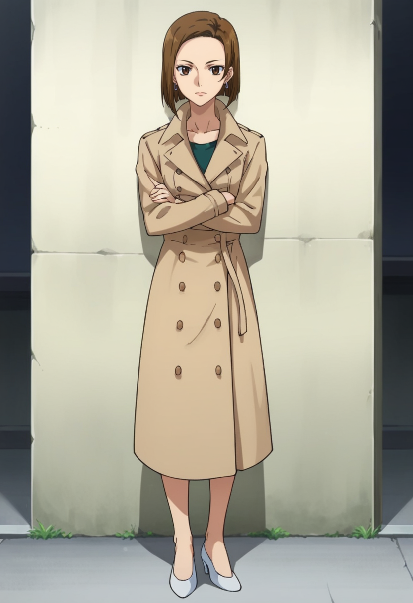score_9,score_8_up,score_7_up,score_6_up,score_5_up,score_4_up,anime coloring BREAK source_anime,anime,<lora:Kinue_Crossroad_Gundam_00_Pony:0.7>,kinue,1girl,solo,brown eyes,brown hair,short hair,earrings,coat,high heels,crossed_arms,outdoors,against wall,looking_at_viewer,