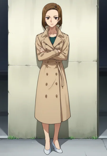 score_9,score_8_up,score_7_up,score_6_up,score_5_up,score_4_up,anime coloring BREAK source_anime,anime,<lora:Kinue_Crossroad_Gundam_00_Pony:0.7>,kinue,1girl,solo,brown eyes,brown hair,short hair,earrings,coat,high heels,crossed_arms,outdoors,against wall,looking_at_viewer,