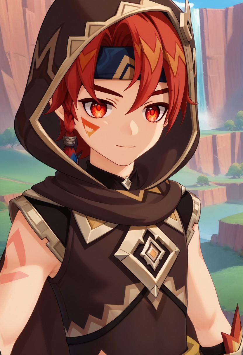 score_9, score_7_up, source_anime
mausau, 1boy, male focus, solo, red eyes, red hair, multicolored hair, streaked hair, headband, blue headband, braid, single braid, side braid, tattoo, facial tattoo, shirt, brown shirt, sleeveless, smile, closed mouth, portrait, cape, brown cape, hooded cape, hood up,
outdoor,