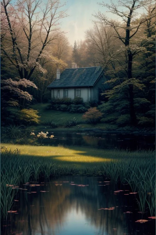 Oil painting of a cottage near a pond, spring time.