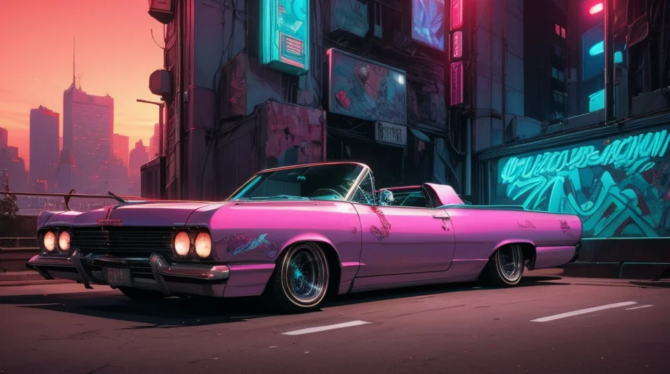 photo of cyberpunk ((retro lowrider car) <lora:lowrider:0.4>,:1.1), at the parking lot, at night city,manhattan city background, beautiful sunset, the buildings are covered in (futuristic graffiti:1), many buildings have neon signs, in the style of Moebius <lora:Moebius (Jean Giraud) Style:1>