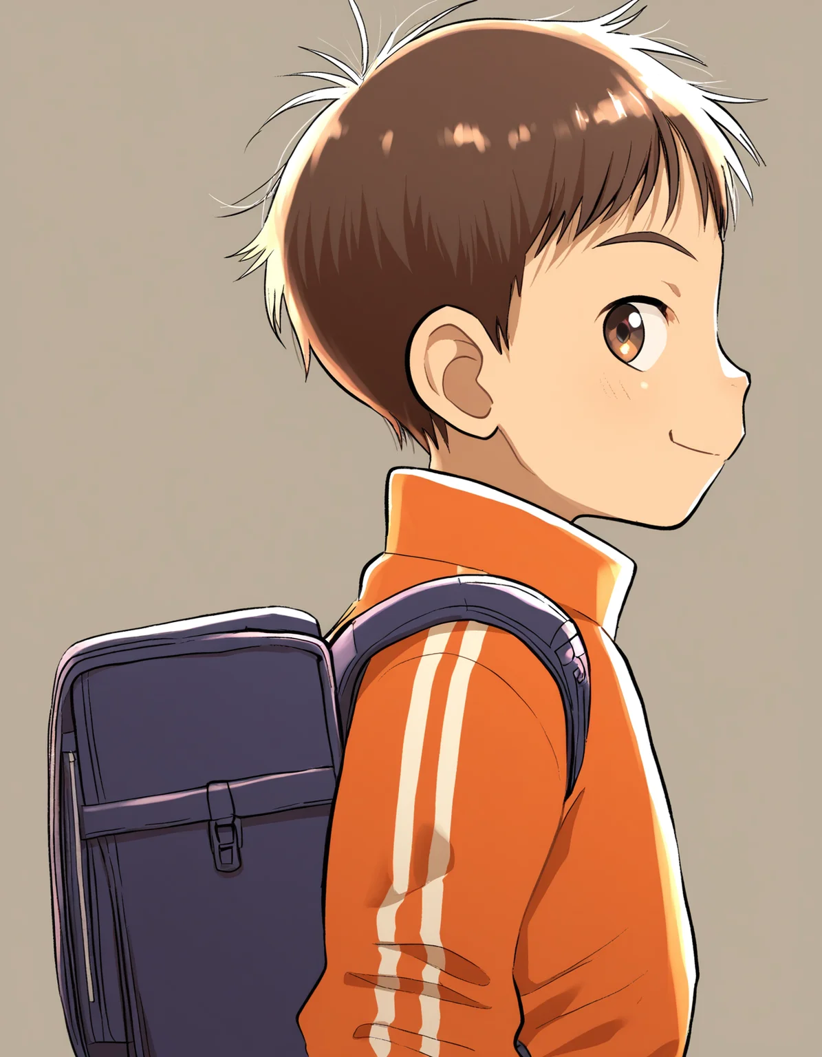 masterpiece, eeroku-style, grey background, from side, profile, upper body, 1boy, solo, brown hair, brown eyes, bangs, looking back, orange track jacket, backpack, closed mouth, smile <lora:a6_naiXL_v1Nb-ShoAI:1>