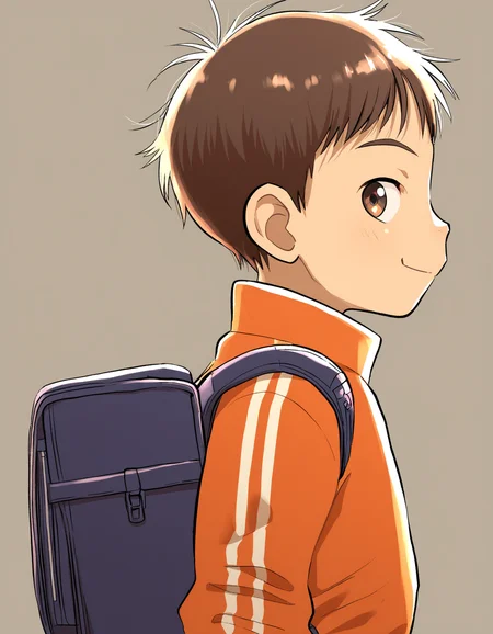 masterpiece, eeroku-style, grey background, from side, profile, upper body, 1boy, solo, brown hair, brown eyes, bangs, looking back, orange track jacket, backpack, closed mouth, smile <lora:a6_naiXL_v1Nb-ShoAI:1>