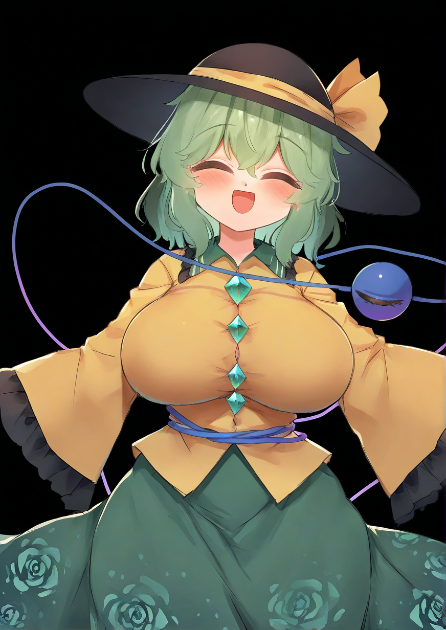 <lora:IceNight:1.2>,1girl, komeiji koishi, huge breasts, wide hips, touhou, :d, black background, black headwear, blood, blush, closed eyes, facing viewer, floral print, green hair, green skirt, hat, hat ribbon, koishi day, long sleeves, medium hair, open mouth, ribbon, rose print, shirt, skirt, smile, solo, third eye, wide sleeves, yellow ribbon, yellow shirt, 
animated, dynamic angle,very awa, masterpiece, best quality, highres, absurdes,amazing quality,very aesthetic,intricate details,detailed background, <lora:hand 5.5:1>