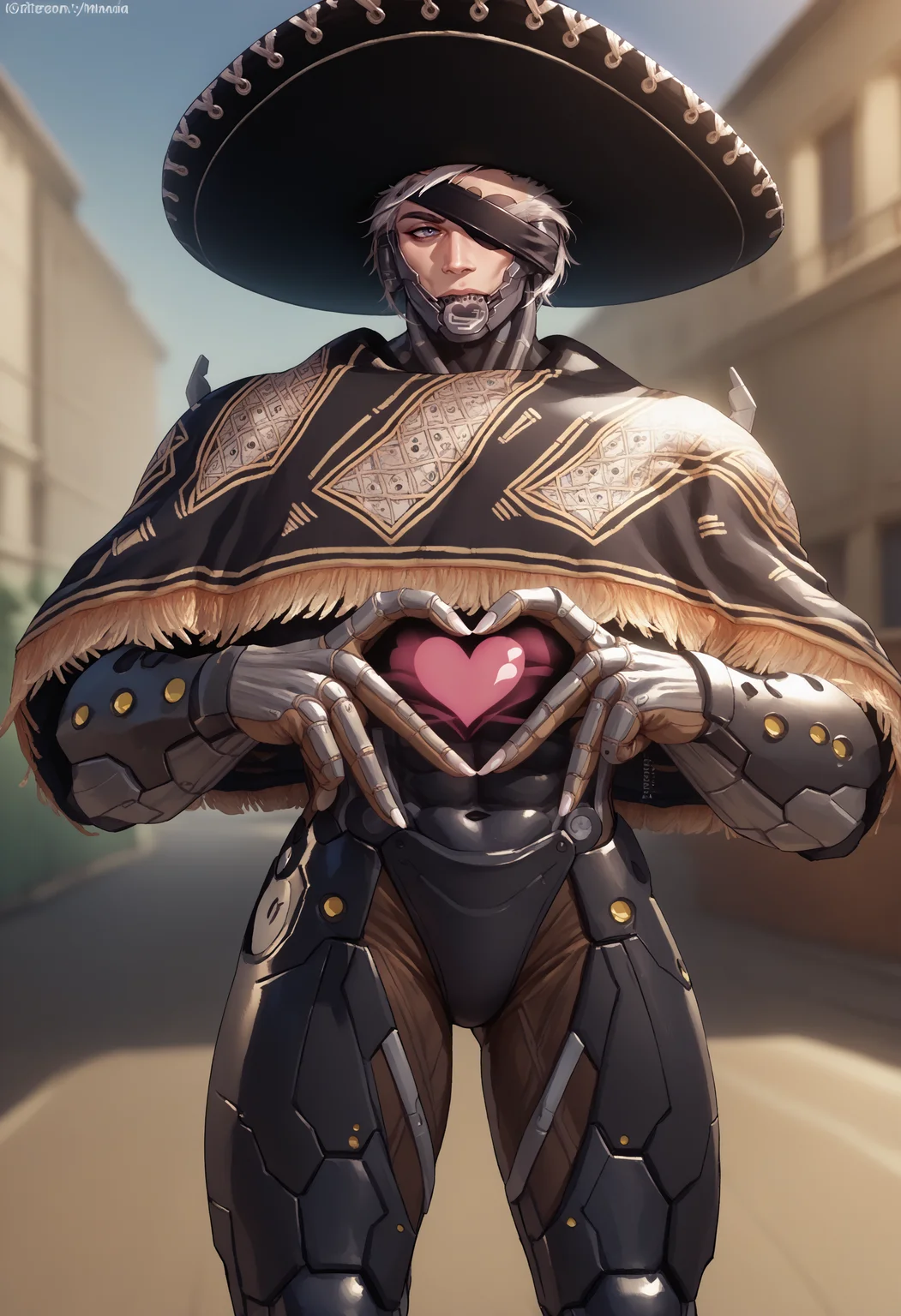 score_9, score_8_up, score_7_up, 4-finger heart hands, heart hands, heart, <lora:FourFingerHeartHands_pdxl_Incrs_v1:1>, 1boy, <lora:RaidenMGR_XLPD:1>, RaidenMGRSombrero, hat, cyborg, bodysuit, eyepatch