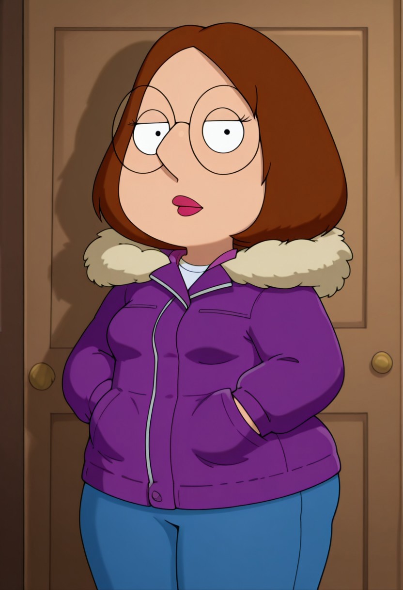 Meg, m3ggf, 1girl, brown hair, glasses, purple jacket, fur trim, blue pants, looking at viewer, cowboy shot, wide hips, small breasts,
