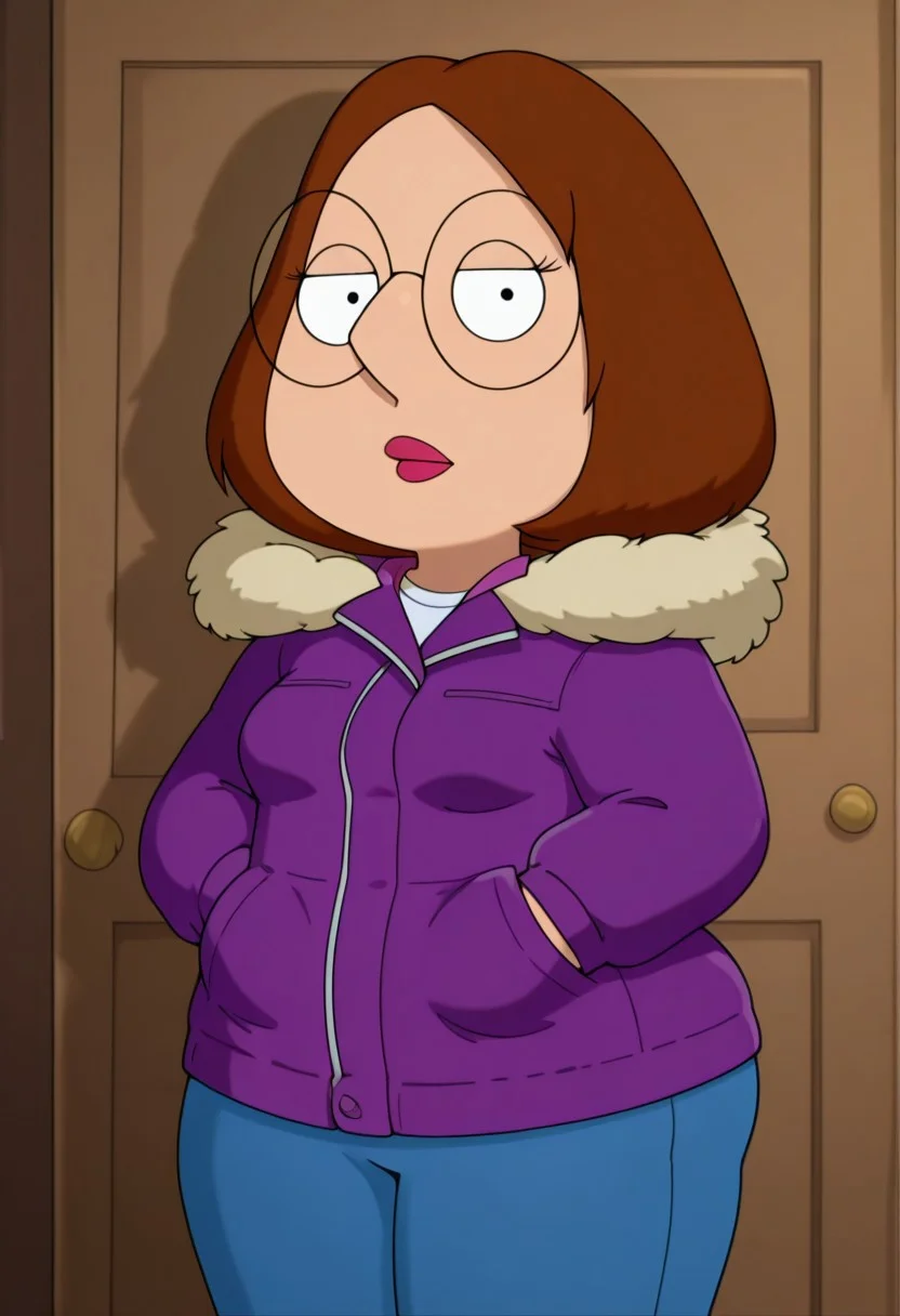 Meg, m3ggf, 1girl, brown hair, glasses, purple jacket, fur trim, blue pants, looking at viewer, cowboy shot, wide hips, small breasts,