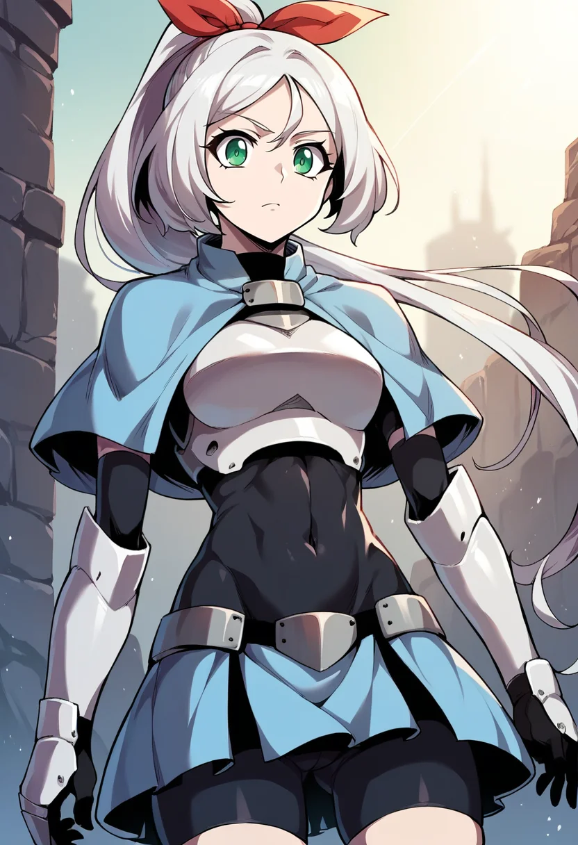masterpiece, best quality, source_anime, uncensored, score_9, score_8_up, score_7_up, score_6_up, score_5_up, score_4_up, 1girl, solo, ephyr, long hair, ponytail, red hair ribbon, white hair, green eyes, capelet, armor, breastplate, covered navel, skirt, bike shorts, elbow gloves, gauntlets, armored boots, cowboy shot <lora:Ephyr_SwordKing:0.85> <lora:add-detail-xl:0.6> <lora:cfg_scale_boost:0.5>