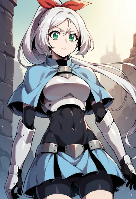 masterpiece, best quality, source_anime, uncensored, score_9, score_8_up, score_7_up, score_6_up, score_5_up, score_4_up, 1girl, solo, ephyr, long hair, ponytail, red hair ribbon, white hair, green eyes, capelet, armor, breastplate, covered navel, skirt, bike shorts, elbow gloves, gauntlets, armored boots, cowboy shot <lora:Ephyr_SwordKing:0.85> <lora:add-detail-xl:0.6> <lora:cfg_scale_boost:0.5>