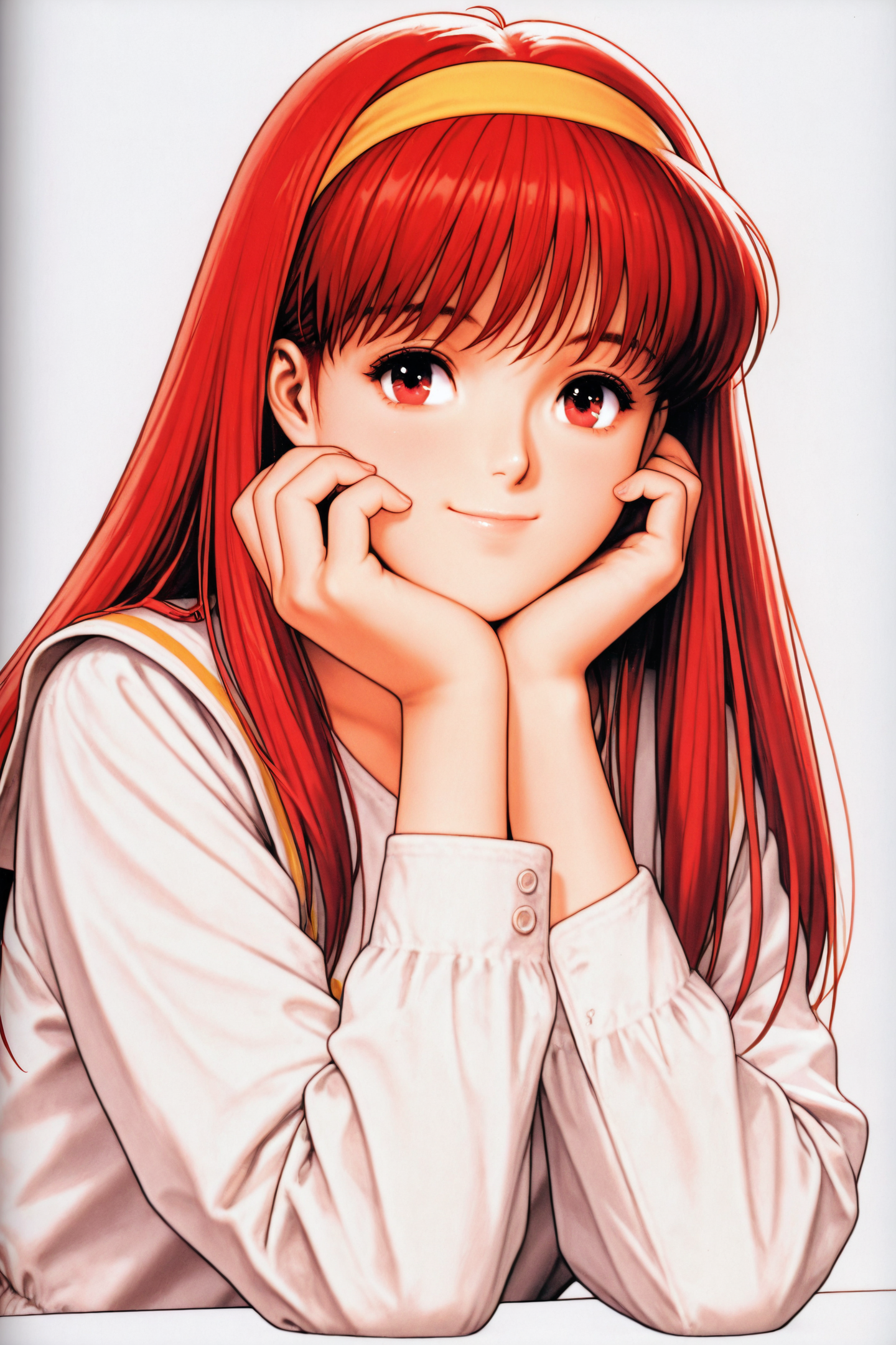 Fujisaki Shiori,1girl,solo,long hair,yellow hairband,red eyes,red hair,white background,simple background,long sleeves,upper body,head rest,smile,hand on own face,looking at viewer,
<lora:Tokimeki Memorial_illustriousXL:0.4>,
<lora:shinkiro_illustriousXL:1.5>,
