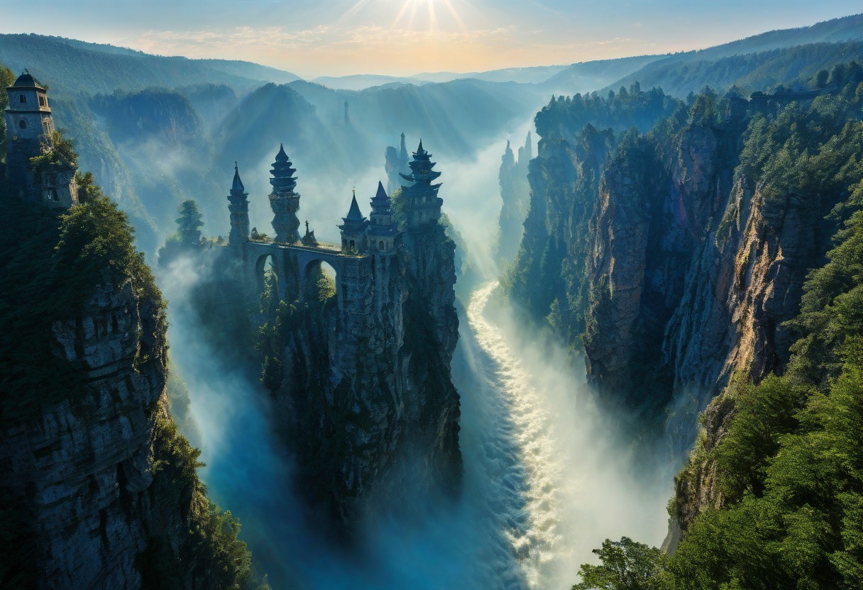 towers ringed in mist, sunrays, mixed media, surrealism, fantasy, great lighting, A surreal landscape highly detailed, extremely high-resolution details, appears trapped in an optical illusion of reflections and refractions colorful, Zhangjiajie mountains,  Vienna in contemporary Austria, stone bridges, winding rivers extending to the horizon, professional photography, natural lighting, volumetric lighting maximalist. vivid, vibrant colors, intricately detailed, complex, elegant, expansive, fantastical, film photography style, medium grain, cmnt
 (8k uhd:1,4)
