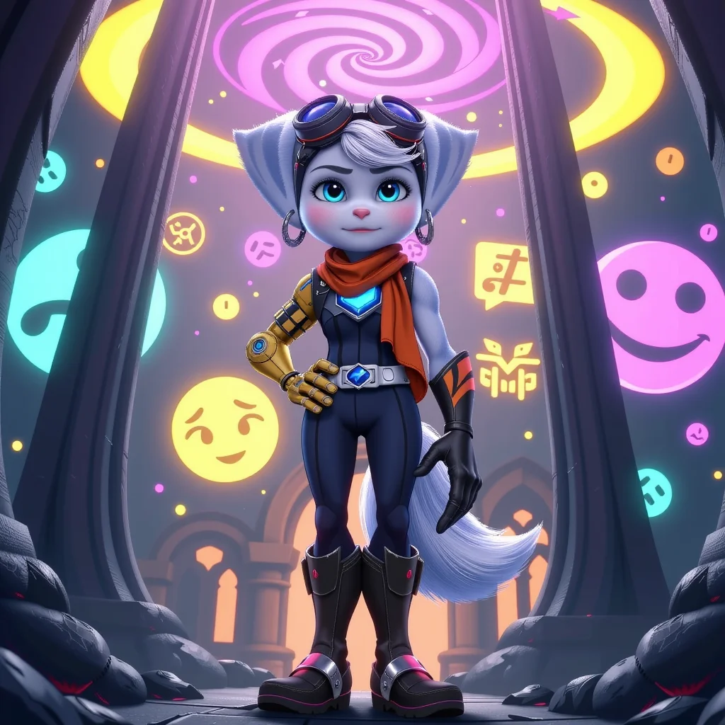 Pokémon style forest, , 1girl, boots, neon, belt, bodysuit, fishnet_legwear, furry,Rivetka ,single_mechanical_arm,ass, orange_scarf tail_raised,earrings, single_glove, goggles_on_head, surrounded by swirling glowing symbols and signs representing their consciousness. Below, in the shadows, abstract forms symbolize the subconscious, with soft light breaking through the darkness. glowing_eyes, <lora:rivetka1024:0.8> <lora:BeautyInEvilFlux:0.4> hkevil, dark gothic architecture, melancholic mood, historical elements, intricate details . Vibrant, cute, anime, fantasy, reminiscent of Pokémon series