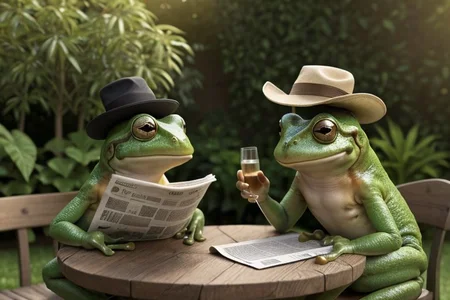 funny, complex scene, HD, Concept art, beautiful home garden full of detais in a sunny day, background, masterpiece, best render, high res, best resolution, photorealistic, 2 funny  frogs  are reading a newspaper on a garden table sitting on chairs while drinking cofee, highly detailed frogs, funny, frog wearing a detective hat