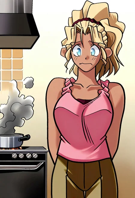 masterpiece, best quality, <lora:Tsukihime NXL:1>,solo,<lora:Mihoshi(Illust)V4_epoch_10:0.99> kuramitsu_mihoshi, huge breasts, dark skin, blonde hair, blue eyes, pink tank_top, brown pants, khaki pants,ponytail, wavy hair, masterpiece,best quality,absurdres, amazing quality, kitchen, cooking, comedy, confused, small mouth, cute, kitchen fire, smoke