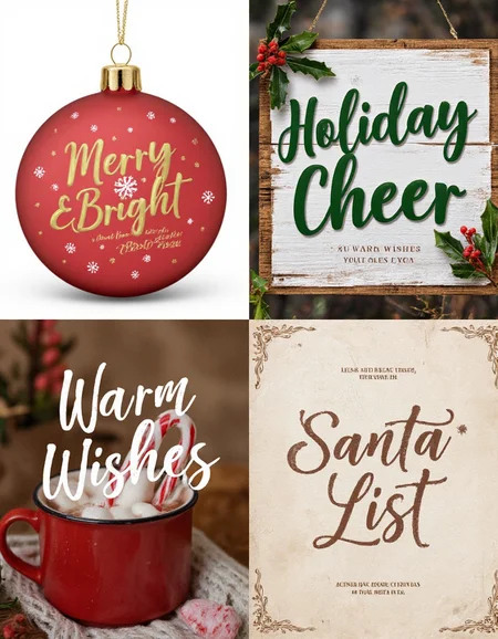 The set of four images showcases a Christmas-inspired font with elegant curves and festive embellishments; [IMAGE1] displays "Merry & Bright" in gold lettering with snowflake details on a red ornament; [IMAGE2] shows "Holiday Cheer" in bold green font on a rustic wooden sign with holly leaves and berries; [IMAGE3] features "Warm Wishes" in cursive-style white font on a cozy mug of hot cocoa with candy canes and marshmallows; [IMAGE4] displays "Santa's List" in a classic serif font with decorative flourishes on aged parchment, perfect for holiday branding and seasonal decor.