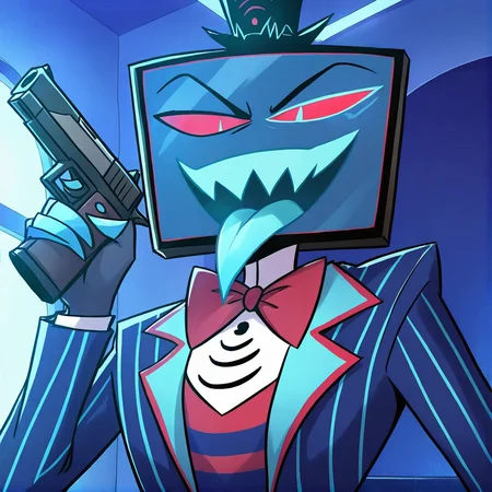 <lora:Vox:1>,vox,solo,male focus,1boy,masterpiece, handgun, blue tongue