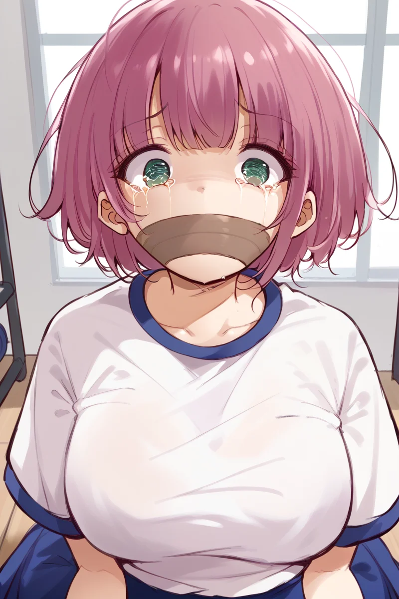 score_9, score_8_up, score_7_up, score_6_up,
<lora:Marost:1> marost, tape gag, tape, pink hair, tears, improvised gag, gag, shirt, 1girl, gym uniform, white shirt, green eyes, short hair