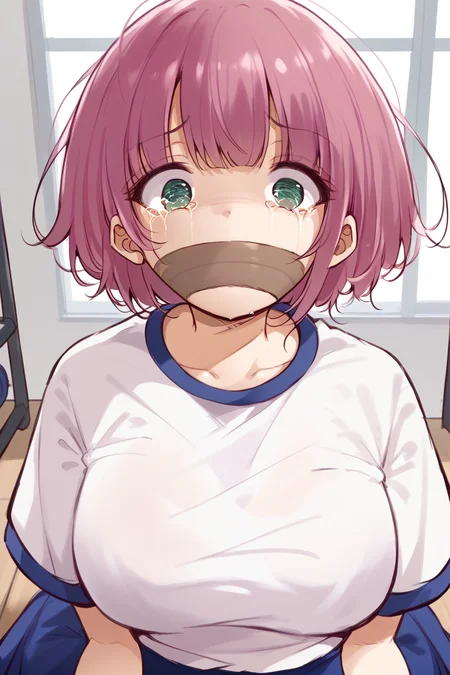 score_9, score_8_up, score_7_up, score_6_up, 
 <lora:Marost:1> marost, tape gag, tape, pink hair, tears, improvised gag, gag, shirt, 1girl, gym uniform, white shirt, green eyes, short hair
