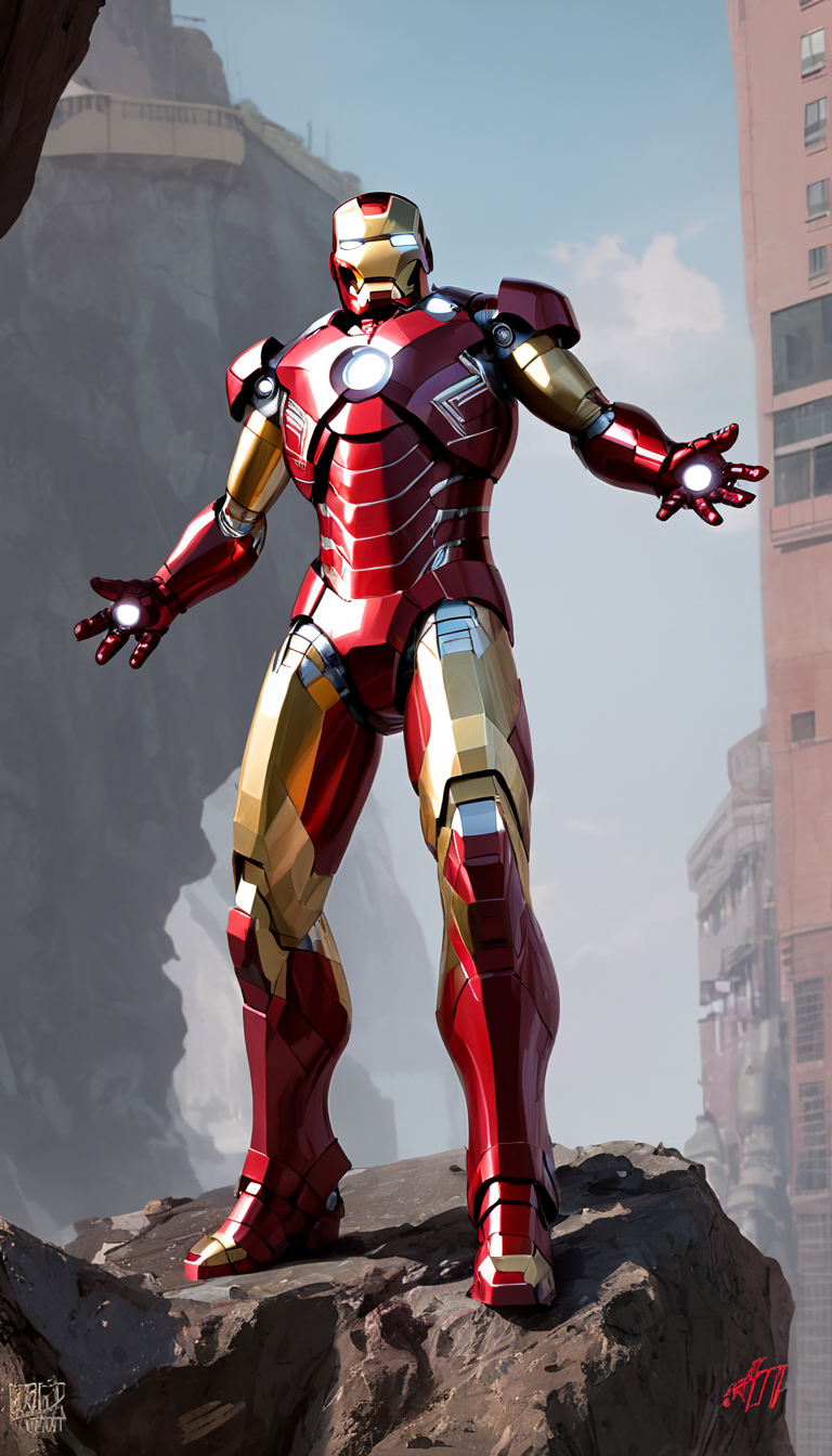 Iron Man, scenery, detailed background, masterpiece, best quality, high quality, absurdres, Toni Infante <lora:toni_infante_xl_v3:1>