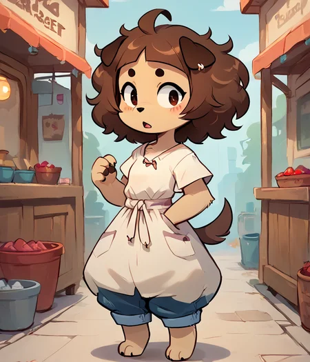 score_9, score_8_up, female, solo, full body, digital art, highly detailed, <lora:CuteMixPDv4:1.0>, flea market, loose clothing, accidental exposure, <lora:mimi:1> mimi, dog girl, beige body, brown hair, furry,