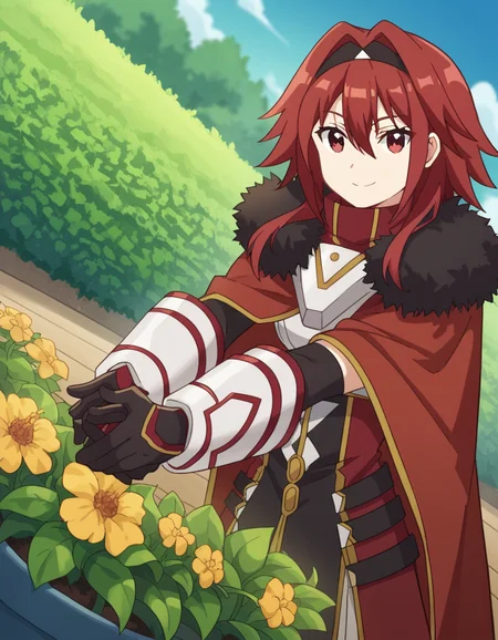 score_9, score_8_up, score_7_up, source_anime, <lora:bofuri-mii-s2-ponyxl-lora-nochekaiser:1>, mii, long hair, bangs, red eyes, hair between eyes, sidelocks, red hair, hairband, black hairband,, gloves, black gloves, cape, armor, fur trim, red cape,, gardening, watering plants, backyard, flowers blooming, sunny day,, smile, looking at viewer, hand touching face, foot pointed, elbow up, solo,, cowboy shot, dutch angle