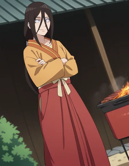score_9, score_8_up, score_7_up, source_anime, <lora:hanabi-hyuuga-boruto-anime-ponyxl-lora-nochekaiser:1>, hanabi hyuuga, long hair, black hair, hair between eyes, white eyes, no pupils,, skirt, long sleeves, japanese clothes, kimono, sandals, hakama, orange kimono, red hakama,, backyard, barbecue, grilling, laughter, summer evening, smile, looking at viewer, arm crossed over chest, solo,, cowboy shot, dutch angle