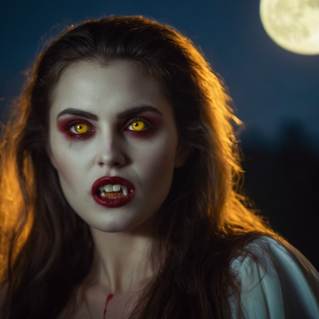 cinematic film still of  <lora:vampire fangs teeth 2:1.2>
1980's Female Vampire a woman with blood on her face and a bloody face and Vampire Fangs Teeth and reflective yellow golden eyes staring at camera at night with moon light on, shallow depth of field, vignette, highly detailed, high budget, bokeh, cinemascope, moody, epic, gorgeous, film grain, grainy