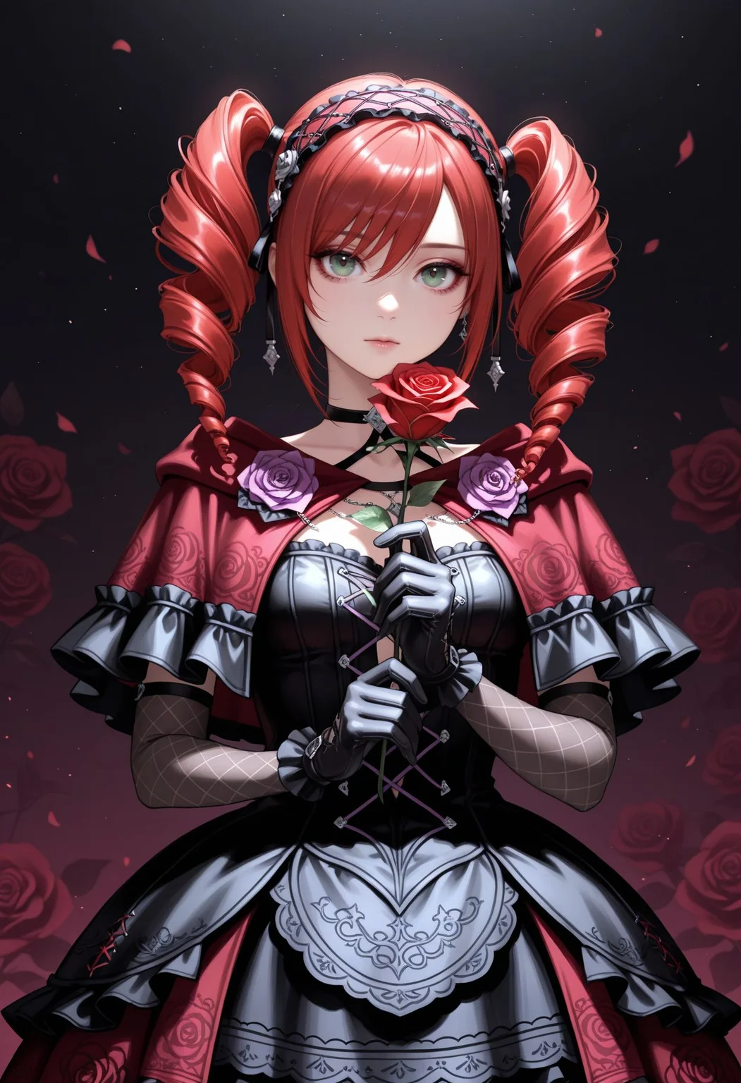 masterpiece,best quality,absurdres,highres,very aesthetic,high quality,detailed,insanely, looking at viewer,
<lora:Amy Illu:1> fashion, gothic, 1girl, holding flower, red rose, green eyes, black gloves, twintails, dress, drill hair, red hair, choker, twin drills,; hairband, looking at viewer, goth fashion, red flower, frills