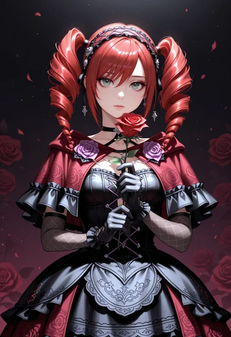 masterpiece,best quality,absurdres,highres,very aesthetic,high quality,detailed,insanely, looking at viewer,
<lora:Amy Illu:1> fashion, gothic, 1girl, holding flower, red rose, green eyes, black gloves, twintails, dress, drill hair, red hair, choker, twin drills,; hairband, looking at viewer, goth fashion, red flower, frills