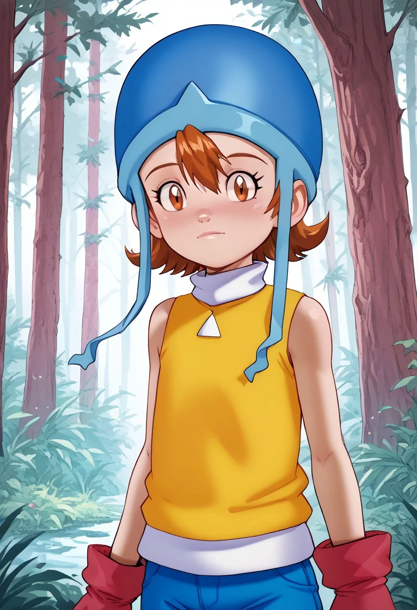 score_9, score_8_up, score_7_up, highres, high quality, digimon, Sora
1girl, sora, short hair, brown eyes, helmet, blue headwear, yellow t-shirt, sleeveless, high collar, red gloves,
standing in the forest,
Andystyle,