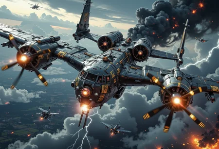 A hyper-detailed, wide-view, high-angle shot captures a breathtaking futuristic sci-fi cinematic scene, 3/4 front view of. The plane is hit, it is on fire, smoke and fire are coming out of the fuselage. The dramatic storm-laden sky forms the backdrop, with swirling, dark clouds illuminated by streaks of lightning. Below, a colossal, double-body heavy aircraft dominates the scene, its immense silhouette cutting effortlessly through the tempestuous atmosphere. The plane, a fusion of grimdark aesthetics and futuristic design, boasts twin propellers on each body’s front, their spinning arcs carving through the storm. Forged from dark gunmetal alloy, the twin fuselages glisten faintly under the sporadic flashes of lightning, their surfaces adorned with intricate golden runes and glowing cybernetic lines that pulsate with ethereal energy. Massive wings, equipped with engines and weaponry, stretch outward, embodying power and mechanical precision. The high-angle perspective highlights the aircraft’s imposing size and intricate mechanical details. Guns protrude from reinforced turrets, their presence adding a menacing tone to the scene. The stormy expanse, layered with cinematic lighting and rich atmospheric depth, emphasizes the lonely journey of this grim mechanical behemoth. Rendered in ultra-realistic 32k resolution, this masterful digital artwork blends technological artistry with the haunting beauty of a storm-battered sky, evoking awe and wonder.