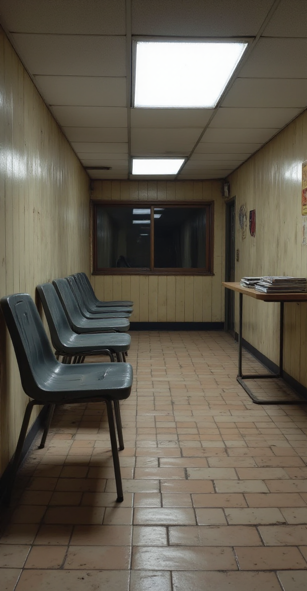 A row of identical plastic chairs lines the wall of a forgotten waiting room, their hard surfaces cold and uninviting. The tiled floor is scuffed, covered in faint footprints that lead nowhere. A dust-coated reception window stands empty, its sliding glass door slightly ajar, revealing nothing but darkness beyond. A single fluorescent light flickers overhead, its buzzing the only sound in the thick silence. The magazines on the table are years out of date, their curled pages untouched. No receptionist, no voicesâjust an overwhelming stillness, as if the room has been abandoned mid-existence.
<lora:Liminal-Space-Flux:1>