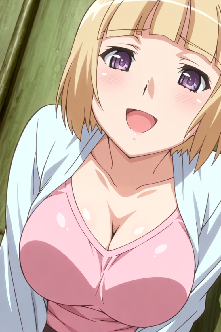 masterpiece, best_quality, 8k, ,source_anime, 1girl, breasts, , blonde hair, large breasts, purple eyes, open mouth, , solo, short hair, , blush, , smile